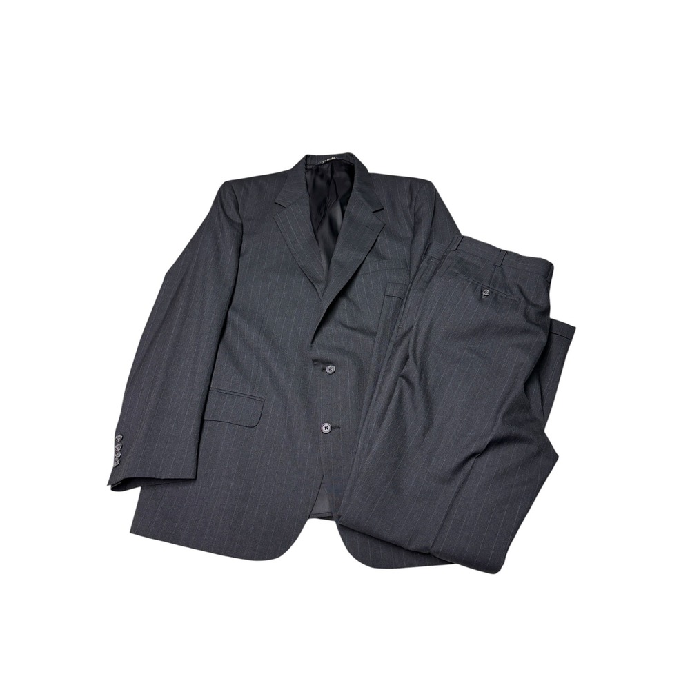 Vintage Burberrys Mens Pinstripe Suit Charcoal 100% Pure Wool 2‎ Pc 48R W40 L32